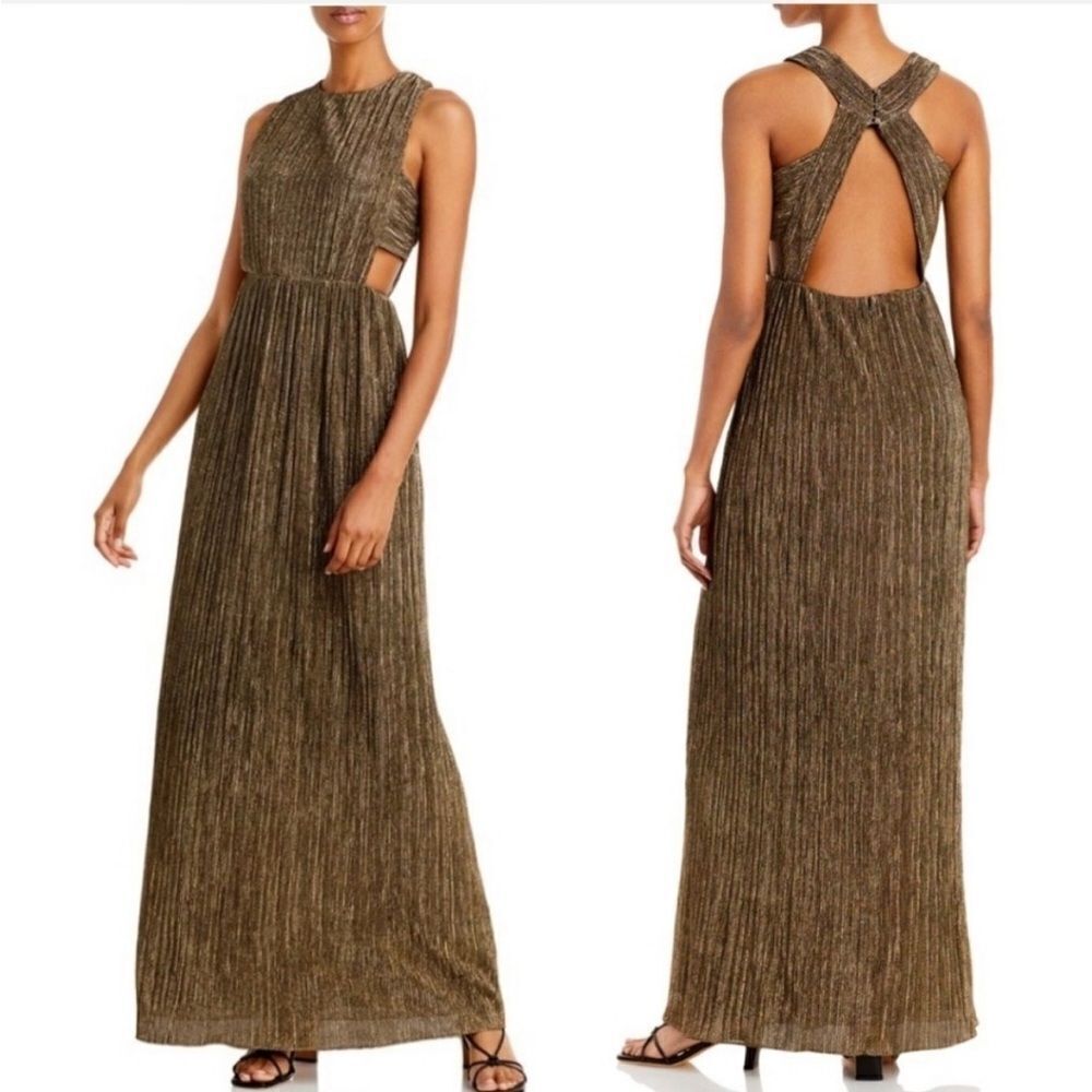 BCBG MAXAZRIA Metallic Gold Pleated Cut Out Gown XS
